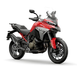 Red adventure motorcycle on white.