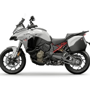 White Ducati adventure motorcycle.