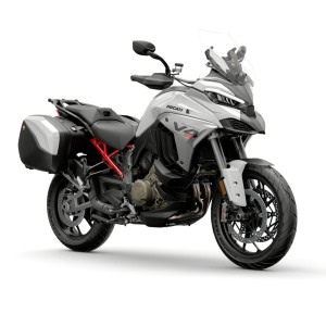 White adventure motorcycle with saddlebags