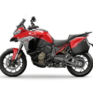 Red adventure motorcycle with bags
