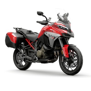 Red adventure motorcycle with bags