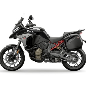 Black adventure motorcycle with saddlebags.