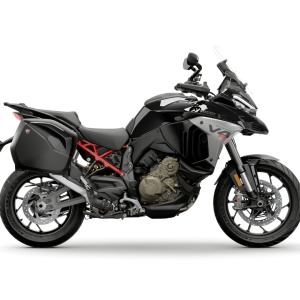 Black adventure motorcycle with saddlebags