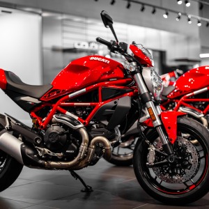 red motorcycle in showroom